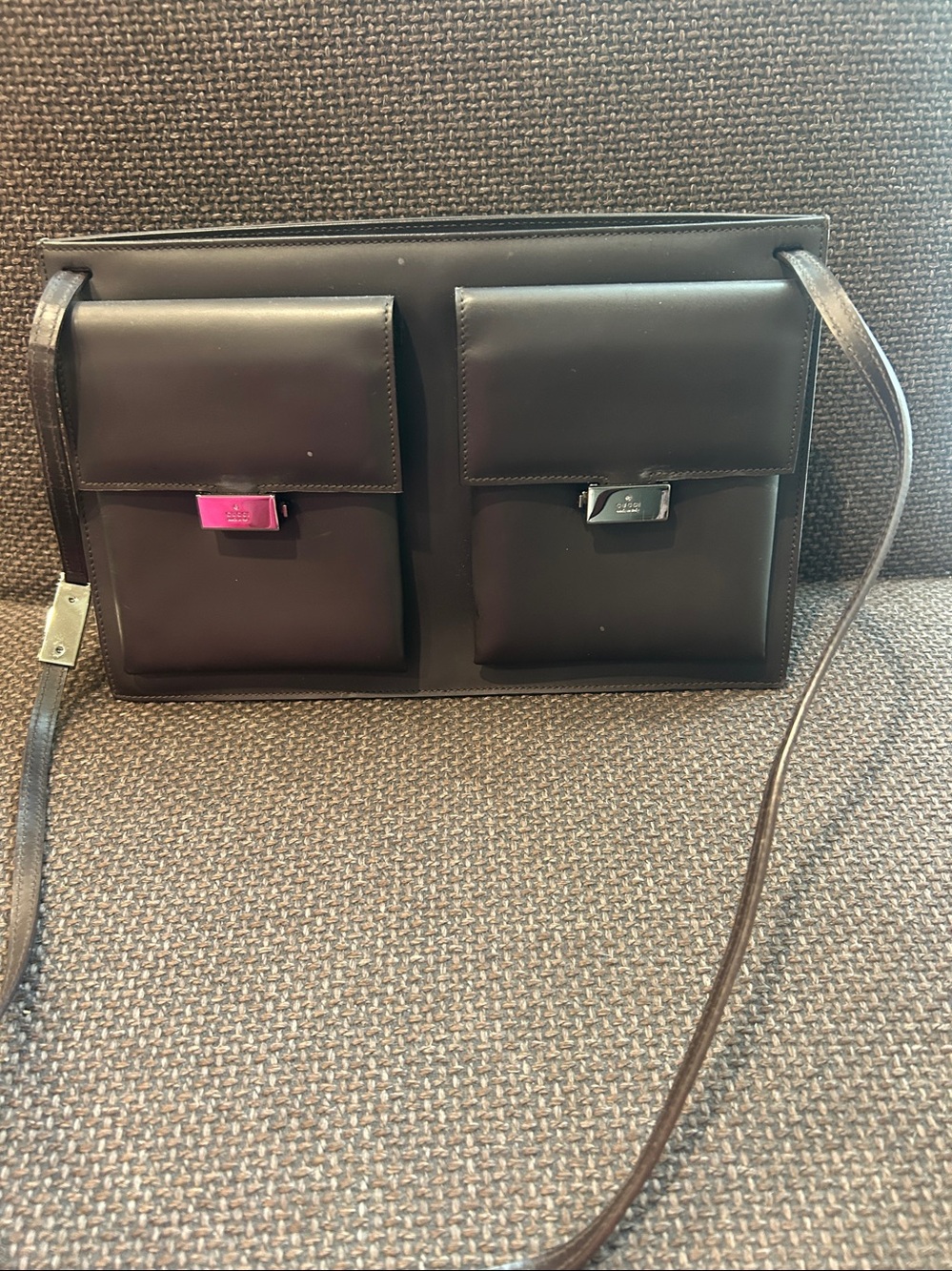 Gucci Dark Brown Leather Dual-Pocket Messenger Bag